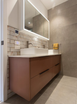 Rose gold bathroom cabinet, liquid metal, metal veneer