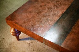 copper coffee table, copper lace, patina, liquid metal, metal veneer