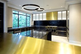 Rich gold liquid metal; classic gold liquid metal; kitchen design; luxury kitchen; kitchen island