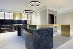 Classic Gold Liquid Metal by Metalier: designer Bonham Interiors; metal veneer; gold brass; decorative metal coating; luxury kitchen; kitchen design