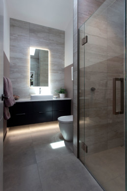 Gunmetal; gunmetal door fronts; bathroom vanity; liquid metal; metal veneer