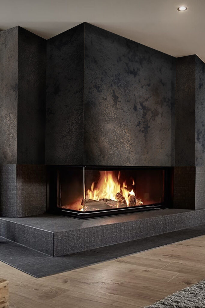 Metalier liquid metal textured fireplace surround with modern corner glass fire feature in luxury residence – Dubai