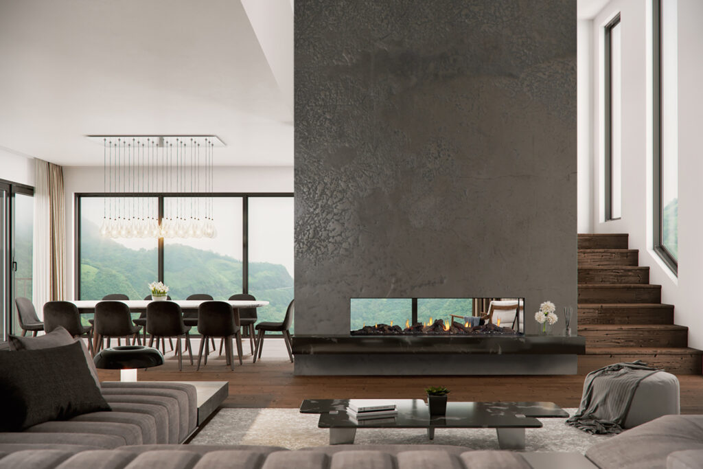 Metalier liquid metal feature fireplace wall with double-sided linear fire in contemporary open-plan living and dining space overlooking mountains – Australia