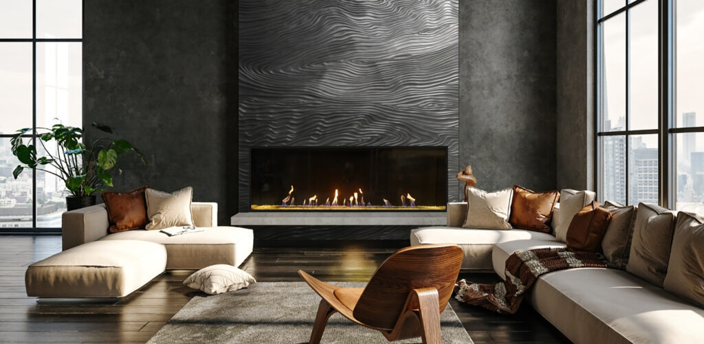 Metalier liquid metal textured feature wall with linear gas fireplace in modern luxury living room with large windows and city skyline view – England