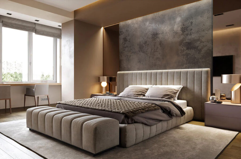 Metalier liquid metal gunmetal textured feature wall behind a bespoke bedhead in a luxury hotel suite – Australia.